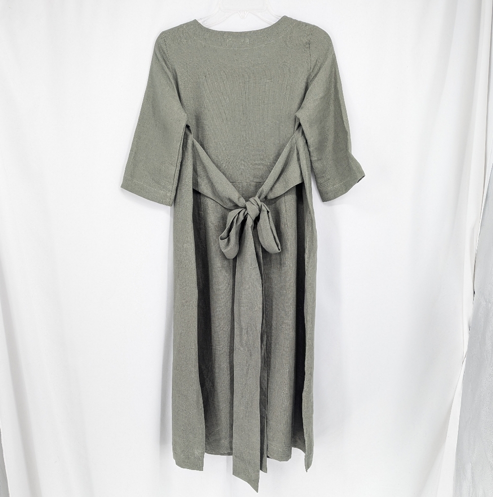 Menique Stone Green Casual 100% Linen Midi Wrap Dress Miley Size XS - Picture 3 of 9